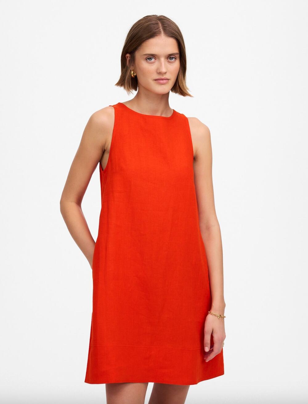 Madewell Mini Shift Dress Linen Bright Flame Red Pockets Minimalist Small NWT